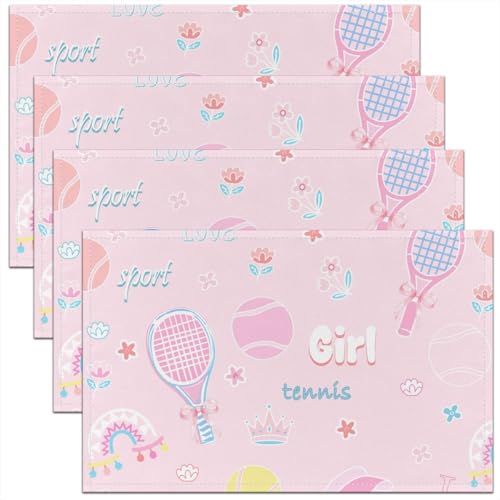 Girl Tennis Placemats Set of 4,Pink Tennis Ball Table Mats,Bowknot Rainbow Flower Placemat for Kitchen Dining Table Cute Cartoon Dining Table Decor,18"x12" - color: Pink Tennis