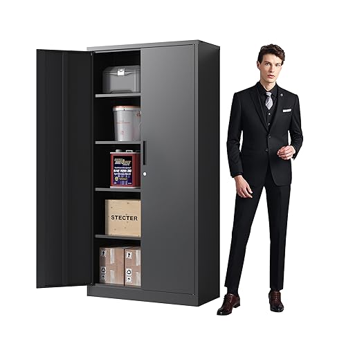72'' Garage Storage Cabinet, Lockable Storage Cabinet with Adjustable Shelves, Steel Tool Cabinets for Home, Office, Garage, Require Assembly, Black - color: Black, style: Oversize - 2 Doors & Shelves
