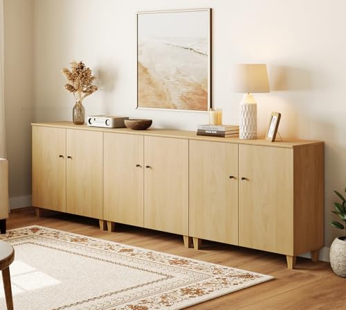 WAMPAT 106" Large Wooden Sideboard Buffet Table – 6-Door Oak Credenza Storage Cabinet, 3-in-1 Coffee Bar for Dining Room & Kitchen, Modern Storage Cabinet with 9 Compartments for Living Room Hallway - color: Oak, size: 106" W