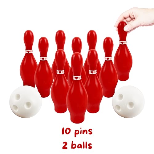 4E's Novelty Valentines Day Bowling Game Set - 10 Red Pins, 2 Balls, Indoor/Outdoor Backyard Carnival Game, Classroom Valentine's Party Games Galentines Activity for Kids Adults