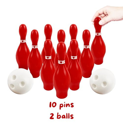 4E's Novelty Valentines Day Bowling Game Set - 10 Red Pins, 2 Balls, Indoor/Outdoor Backyard Carnival Game, Classroom Valentine's Party Games Galentines Activity for Kids Adults