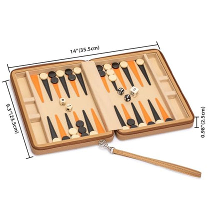 Yellow Mountain Imports Travel Magnetic Leatherette Backgammon Mini Game Set, Bozcaada - with Magnetic Checkers, 9-inch Board - color: Wheat Beige