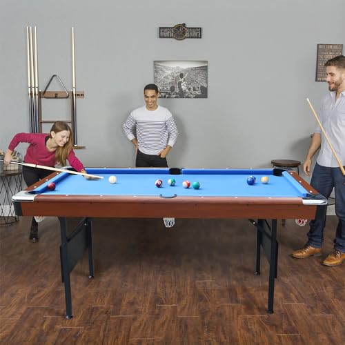 Ditkoko Billiard Table, 64" Folding Pool Table with with Balls, Cues, Chalk, Brush and Triangle, Pool Table Set for Family Game Room, Adult Rrec Room, Basements, Man cave or Garage - color: Blue & Brown