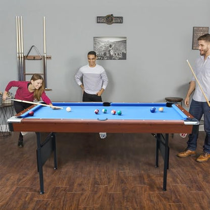 Ditkoko Billiard Table, 64" Folding Pool Table with with Balls, Cues, Chalk, Brush and Triangle, Pool Table Set for Family Game Room, Adult Rrec Room, Basements, Man cave or Garage - color: Blue & Brown