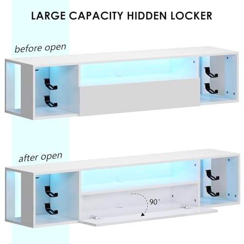 55" White TV Gaming Console with LED Lights 4 Controller Hooks 2 Headphone Hooks, Hidden Storage Cabinet, 30KG Top Load Capacity