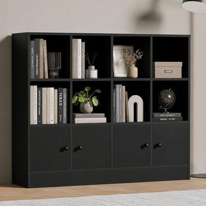 Cozy Castle Black Wood Bookcase, 12 Cube Display Shelf with 4 Doors, 3 Tier Open Bookshelf with Adjustable Shelves for Living Room, Home Office, Entryway - color: Black