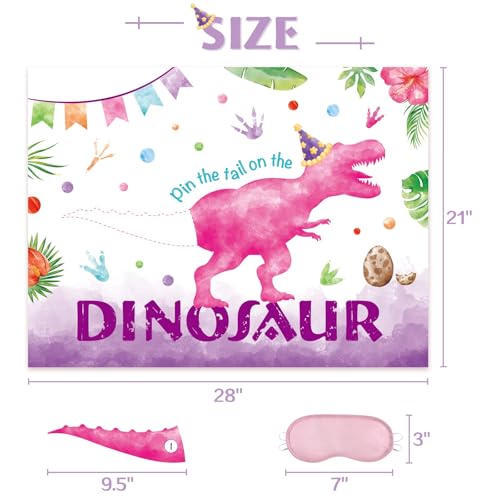 WERNNSAI Pin The Tail on The Dinosaur Game - Girl Dinosaur Party Decorations, 28" x 21" Dino Birthday Games for Kids, Includes Poster, Blindfold, 24 Pink Tails, 20 Dot Stickers - style: Dinosaur F