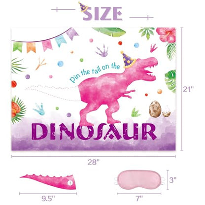 WERNNSAI Pin The Tail on The Dinosaur Game - Girl Dinosaur Party Decorations, 28" x 21" Dino Birthday Games for Kids, Includes Poster, Blindfold, 24 Pink Tails, 20 Dot Stickers - style: Dinosaur F