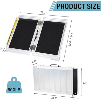 2ft Portable Wheelchair Ramp, 28in Wide, Black | Anti-Slip Aluminum Folding Ramps for Home, Capacity 600 LB, with Transition Plates Above and Below, Loading Dock Plates - size: 2FT-bi-fold-black