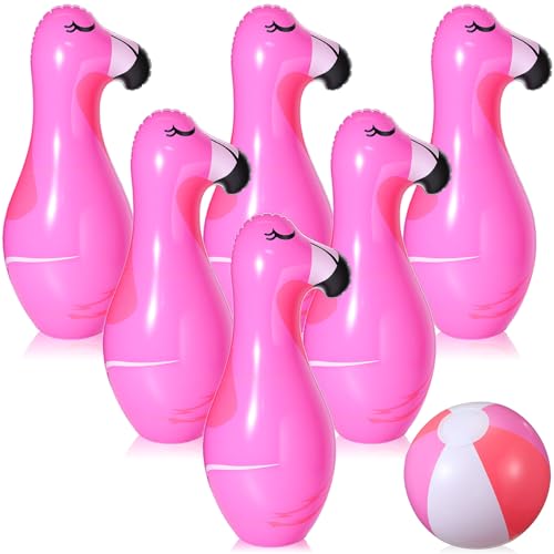 7 Pcs Giant Inflatable Flamingo Bowling Set for Activities Game Flamingo Themed Summer Carnival Birthday Family
