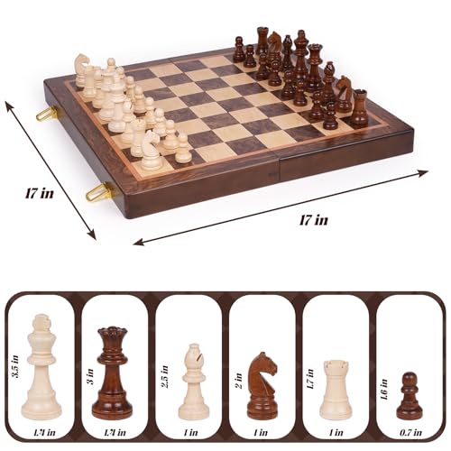 17 Inch Large Magnetic Wooden Chess Set with 3.5" King – Folding Tournament Chess Board Game with Handcrafted Wooden Pieces, Includes 2 Extra Queens, Portable Strategy Chess Set for Adults & Kids