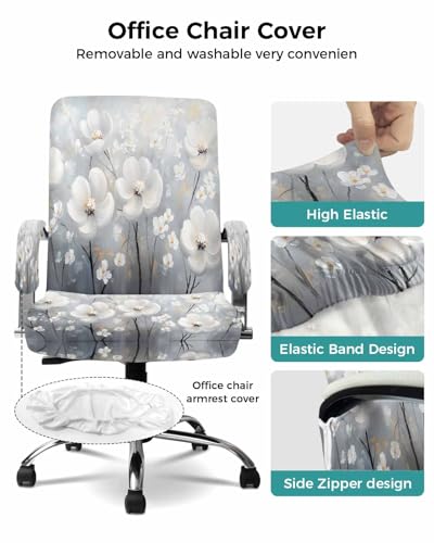 Retro White Camellia Office Chair Cover with Armrest Covers, Spring Farm Oil Painting Universal Stretch Desk Rotating Chair Slipcovers, Removable Seat Protector with Zipper, S - color: White Light Gray Light Blue Mist Blue, size: Small & 2PCS Armrest Cove