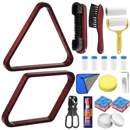23 PCS Pool Table Brush Set Accessories, Wooden Billiard Triangle & Diamond Rack for 2-1/4" Pool Balls, Professional Billiard Accessories Kit with Cue Chalk for Beginners and Professional Players