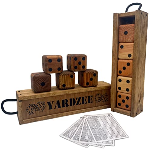 Yardzee Giant Yard Dice Set with custom wood storage case, 4 dry erase score cards and 5 Lawn Dice. Great Outdoor Game Gift Idea