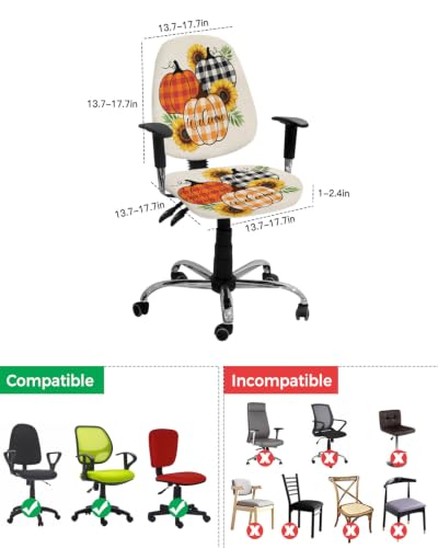 Savannan Office Chair Cover, Thanksgiving White Yellow Plaid Pumpkin Protective Stretch Elastic Universal Cover for Desk Task Chair,Computer Rotating Chair 1 Pcs Plant on Linen