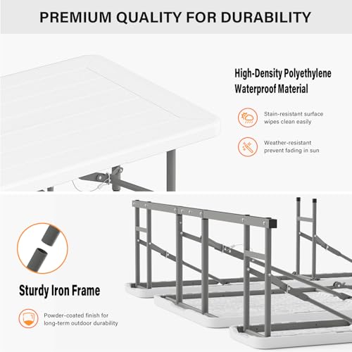 VINGLI Folding Picnic Table and Bench Set with Umbrella, Portable Outdoor Dining Furniture for Camping, Patio, Backyard, Wood Grain Plastic Top with Metal Frame with Light Blue Umbrella - color: White, style: With Light Blue Umbrella