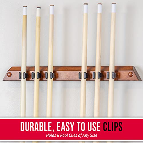 GoSports Wall Mounted Pool Cue Stick Holder - Holds 6 Cues and 2 Triangle Racks - Multiple Colors Available - style: Brown