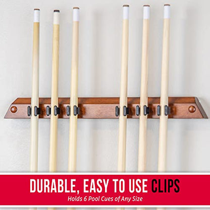 GoSports Wall Mounted Pool Cue Stick Holder - Holds 6 Cues and 2 Triangle Racks - Multiple Colors Available - style: Brown