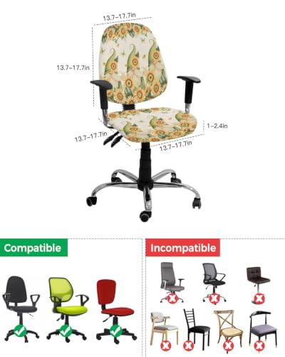 Savannan Office Chair Cover, Fall Gnome Watercolor Sunflower Protective Stretch Elastic Universal Cover for Desk Task Chair,Computer Rotating Chair 1 Pcs Green Leaves Retro Linen
