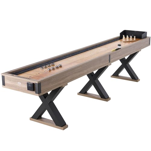 VEVOR Shuffleboard Table, 11.5 ft Shuffleboard for Family Game Rooms, 2 in 1 Shuffleboard and Bowling Combo Game Set, with Scratch-Resistant Playfield, Legs, 8 Pucks, Bowling Set, Wax, and Table Brush - size: 12ft