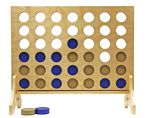 Giant 4 in a Row Game for Family & Adults – Tailgating Pros Jumbo Natural Wooden Four in a Row Indoor Outdoor Yard Game for Family Party Fun, Portable Activities for Patio, Backyard, and Camping - color: Blue / Gold