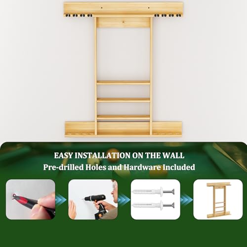 Wall Mounted Pool Cue Rack, Bamboo Billiards Sticks Holder for 8 Cue Sticks, Organizes Full Set of Balls and Pool Table Accessories - color: Bamboo