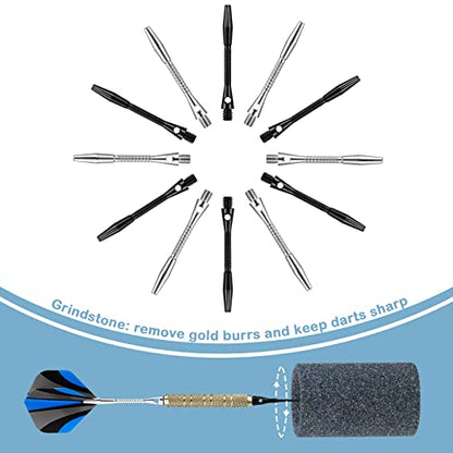 24 Pieces Aluminum Dart Shafts Shafts for Darts Steel Tip Soft Tip Dart Accessories 1.97 Inches Hard Metal Dart Stems with Rubber O Rings Darts Sharpener for Sports Outdoor Dart Flight (Black, Silver)