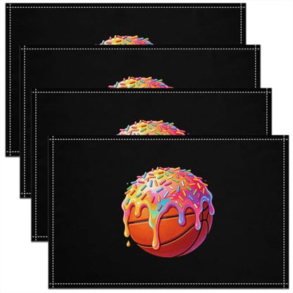 jejeloiu Basketball Placemats Set of 4 Ice Cream Drip Donut Sprinkles Table Mats for Party Kitchen Diningation Ball Gaming Place Mat for Table Holiday Indoor 18"x12" Non-Slip Easy to Clean Washable - color: Black Brown