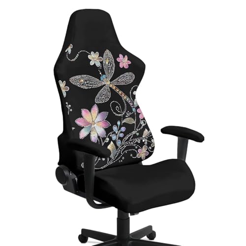 Suobstales Dragonfly Daisy Pattern Gaming Chair Covers Washable Cat Scratch Proof, Stretch Gaming Chair Seat Covers with Armrest Cover, Anti-Scratch Protection for Ergonomic Game Rotating Office Chair - color: Dragonfly Daisy