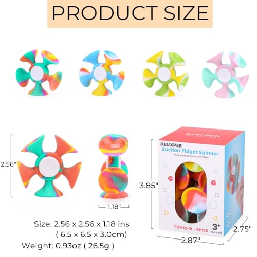 4 Pack Fidget Spinner with Suction Cup - Safe and Soft Sensory Anxiety Relief Toy for Adults and Kids 8-12 | Perfect Suction Dart Target Game, Classroom Focus Tool & Party Favors