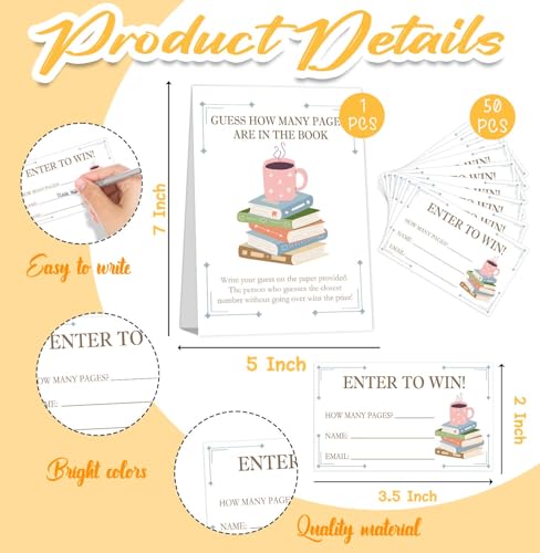 Guess How Many Cards, Book Party Decorations, Guess How Many Pages Are in the Books, Party Games & Activities, 50 Cards and Sign - size: book