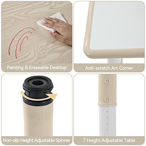 Kids Table and 4 Chairs Set, Children Study Desk, Dining Table, Height Adjustable Plastic Desk Painting Desktop Toddler Furniture for Boys and Girls (Burlywood-Wood Grain) (Burlywood-Wood Grain) - color: Burlywood-wood Grain
