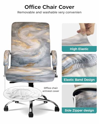 Abstact Marble Texture Office Chair Cover with Armrest Covers, Grey Brown Gold Gradient Art Universal Stretch Desk Rotating Chair Slipcovers, Removable Seat Protector with Zipper, M - color: Grey, size: Medium & 2PCS Armrest Covers
