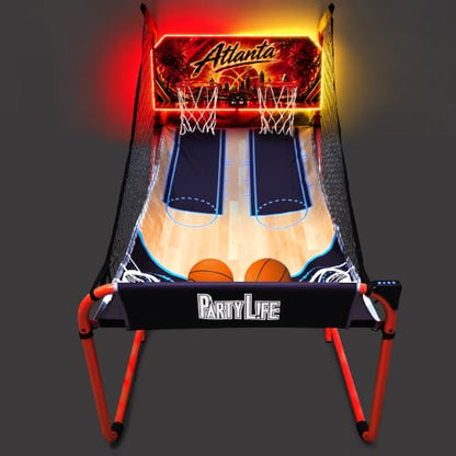PartyLife 2-Player Basketball Arcade Game w/Optional LED Lights | Electronic Scoring | 5 Balls, 1 Pump, 8 Games | Folding Design | Heavy-Duty Steel Frame - Choose Your Model - color: ATLANTA, style: w/ LED Lights