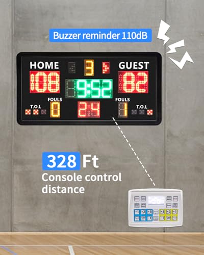 Large Electronic Scoreboard with Panel Control,Wall-Mounted Digital Scoreboard & Timer,Basketball Shot Clock 14/24 Second & Custom Time,Score Keeper with LED Display, 110dB Loud Buzzer