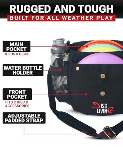 Disc Golf Bag | Frisbee Golf Bag | Easy to Carry | Lightweight Fits Up to 10 Discs | 16 oz Waxed Canvas Sturdy Design | Belt Loop | Double Button Design | Bottle Holder - style: Waxed Canvas - Black