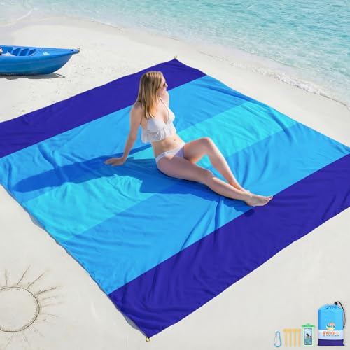 BYDOLL Beach Blanket Waterproof Sandproof Large Sand Free,78''X81''/10'X9' Oversized Sandless Lightweight Blanket Picnic Mat for Beach Travel Camping Hiking with Stakes - color: Blue5, size: 10'X9'