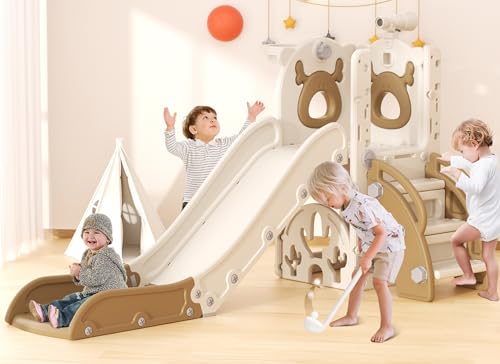 YUFU 7 in 1 Kids Slide for Toddlers, Toddler Slide Playset with Golf, Climber, Basketball Hoop and Ball, Indoor Outdoor Toddler Playground for Kids Age 1-3 (Brown) - color: Brown