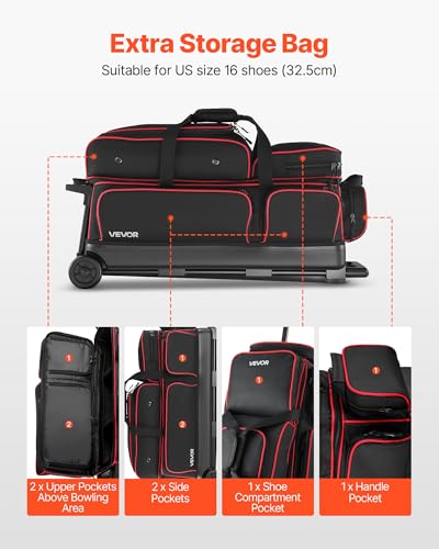 VEVOR Bowling Ball Bag, 3 Ball Double Roller Bowling Bag with Wheels, Featuring a Separate Compartment for Shoes (Up To US Size 16) & Oversized Accessory Pocket, Retractable Handle Extends to 41.34 in - style: Black-red