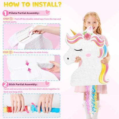 WERNNSAI Ultra Large Unicorn Piñata - Unicorn Party Supplies Piñata Bundle with Blindfold and Bat for Girls Kids Rainbow Unicorn Theme Birthday Party Game Decorations (20.4" x 15.6" x 2.9") - style: Unicorn B-Large 20"x16"