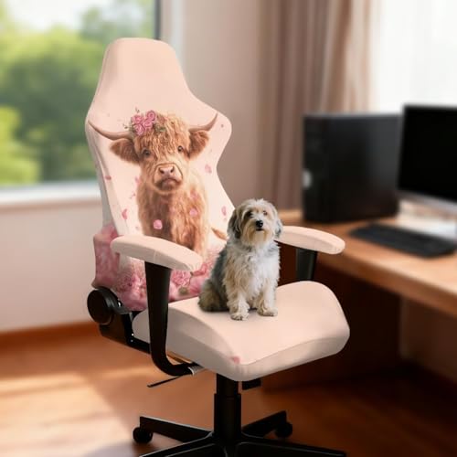 Suobstales Highland Cattle Rose Pattern Gaming Chair Covers with Armrest Cover, Stretch Washable Computer Gaming Chair Slipcovers for Armchair, Swivel, Computer Boss Chair - color: Highland Cattle Rose