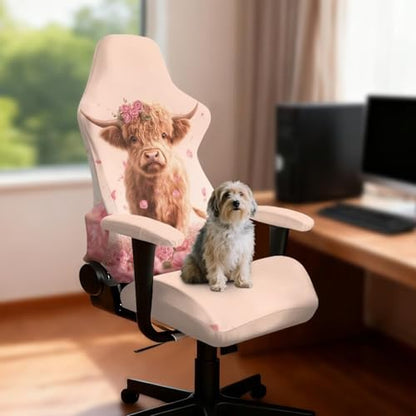 Suobstales Highland Cattle Rose Pattern Gaming Chair Covers with Armrest Cover, Stretch Washable Computer Gaming Chair Slipcovers for Armchair, Swivel, Computer Boss Chair - color: Highland Cattle Rose
