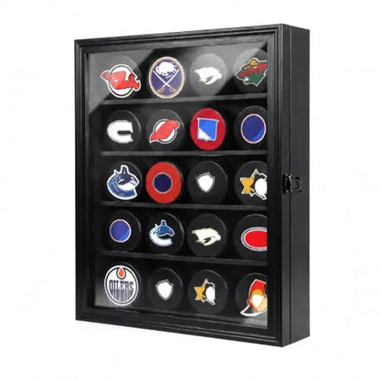 20 Hockey Puck Display Case - Puck Holder Wall Mount Cabinet Stand - Hockey Puck Shadow Box with Glass, Large Black - size: Large-Black