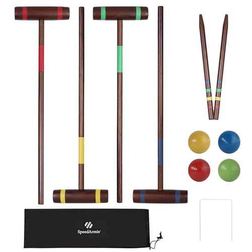 SpeedArmis 24In Croquet Set for 4 Players - Pine Wooden Mallets, Colored PE Ball, Wickets, End Stakes, and Carrying Bag, Lawn Backyard Game for Family - color: Vintage Color