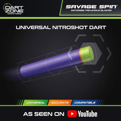 DART ZONE Savage Spin Semi-Auto Foam Dart Blaster – 45-Dart Triple-Drum Motorized Foam Dart Gun – NERF Dart Compatible Soft Bullet Toy Gun for Kids w. 90 Darts – AKA Adventure Force Gun – 80 ft Range