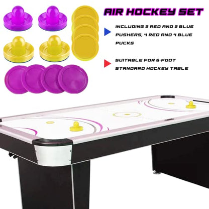 Air Hockey Pushers and Pucks - Air Hockey Paddles and Goal Handles Replacement Accessories for Game Tables (4 Pushers, 8 Pucks) - color: Yellow&Purple