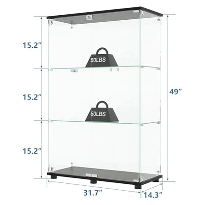 Glass Display Cabinet with 3-Shelf Double Doors and Lock, Curio Cabinet 5mm Tempered Glass Floor Standing Bookshelf for Living Room, Bedroom, Office, 49 x 31.77 x 14.37 in, Black - size: 2-Door 3-Shelf