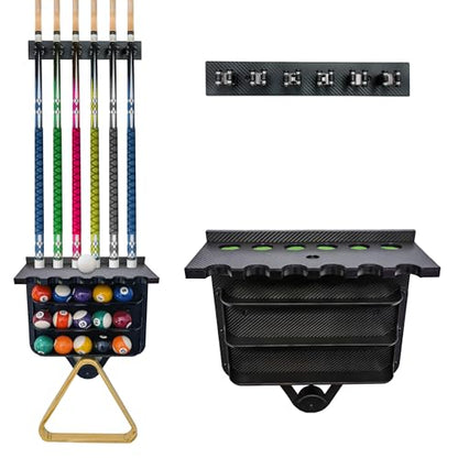 Pool Stick Holder Wall Mount | 6 Cue Rack with Ball Holder & Cue Rest | Engineering Polypropylene Board with Carbon Fiber Veneer | pool cue holder for Game Room & Pool Table Accessories