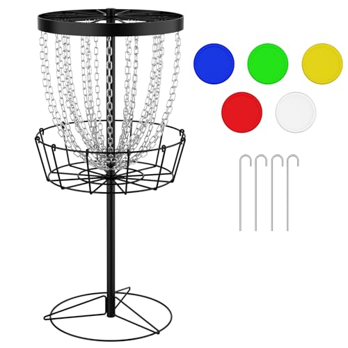 YC Disc Golf Basket Pro with 5 Discs, 24-Chain Portable Disc Golf Target Practice Basket, Heavy Duty Metal Frisbee Golf Basket for Backyard, Park, Camping, Beginners and Family Fun