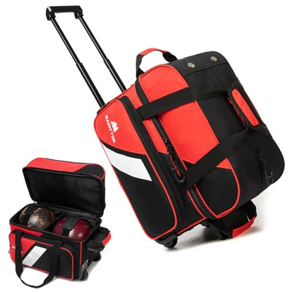 Bowling Bag with Wheels Double Roller 2 Ball Bowling Separate Shoe Compartment and Oversized Accessory Pocket, 36.6" Extendable Handle. - color: RED